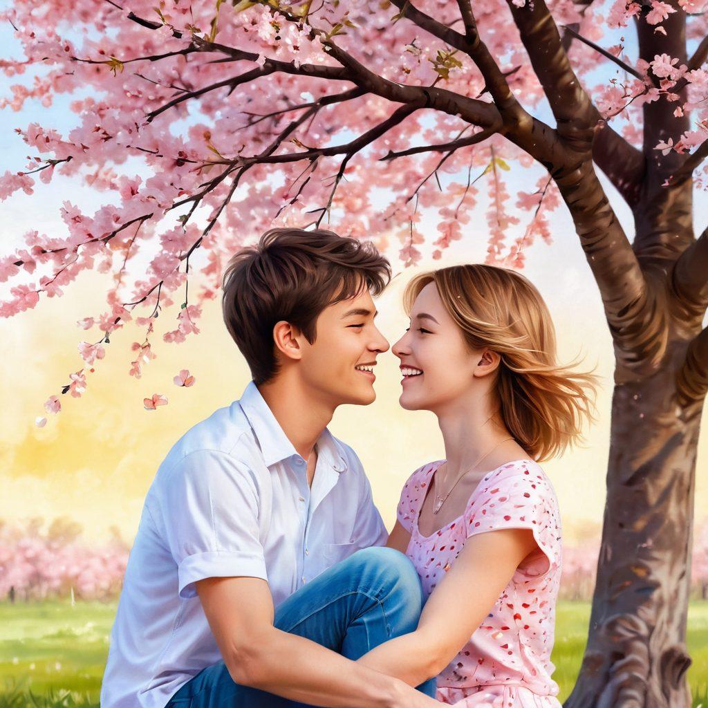 A whimsical scene depicting a young couple sharing a playful moment under a cherry blossom tree, surrounded by hearts and laughter. The girl is playfully tossing petals into the air while the boy mimics her with a goofy expression. Soft pastel colors with a warm sunlight glow to evoke feelings of sweetness and humor. Cartoonish style with exaggerated facial expressions to enhance the lightheartedness of young love. vibrant colors. illustration.