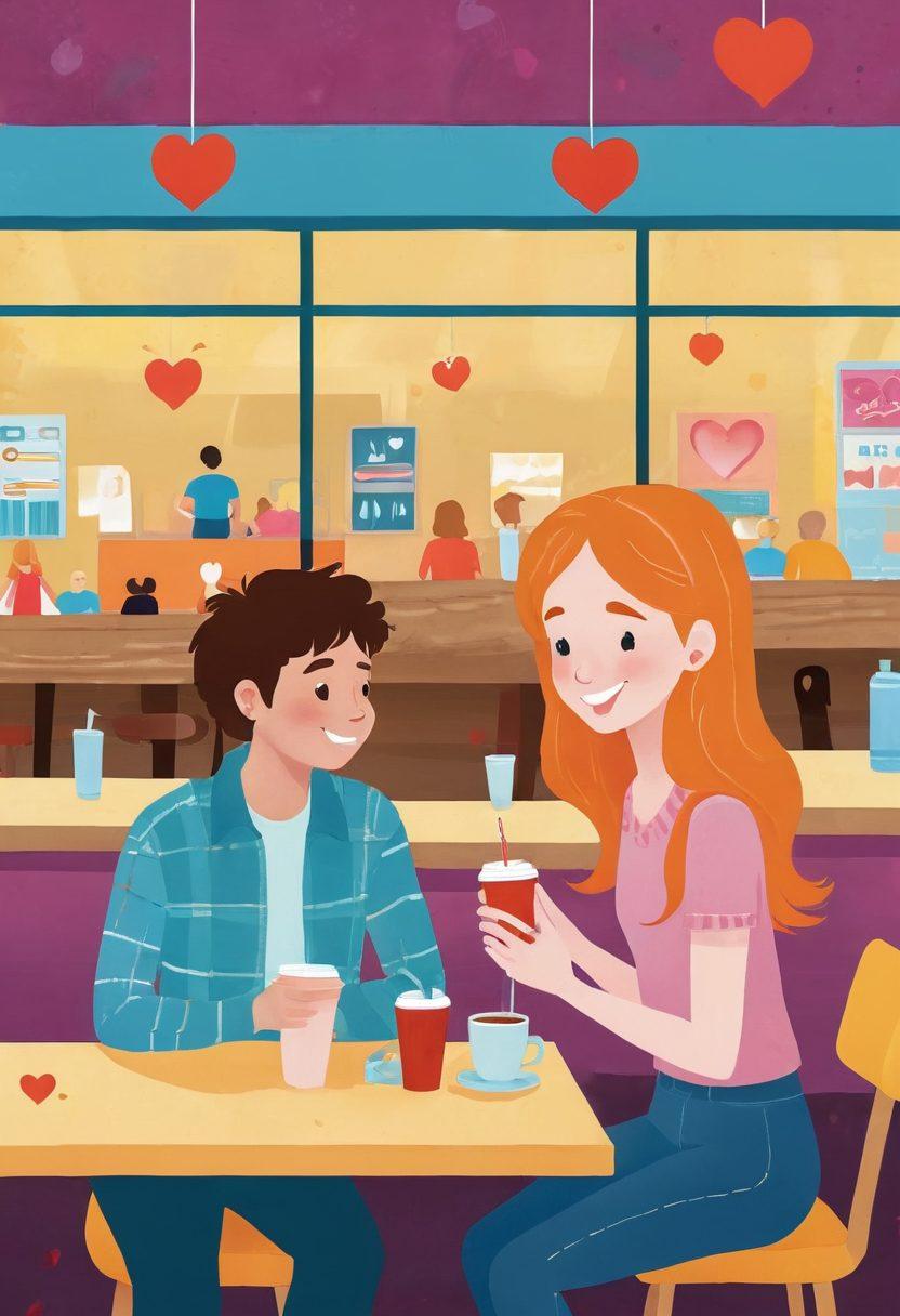 A whimsical illustration depicting a series of awkward yet endearing moments between teens on dates, transitioning into warm, heartfelt connections. Include vibrant colors to highlight joyful expressions, with a backdrop of various romantic settings like a bowling alley, coffee shop, and park. Incorporate subtle elements like fluttering hearts and smiling emojis to emphasize affection. Make it feel inviting and relatable. vector art. vibrant colors.