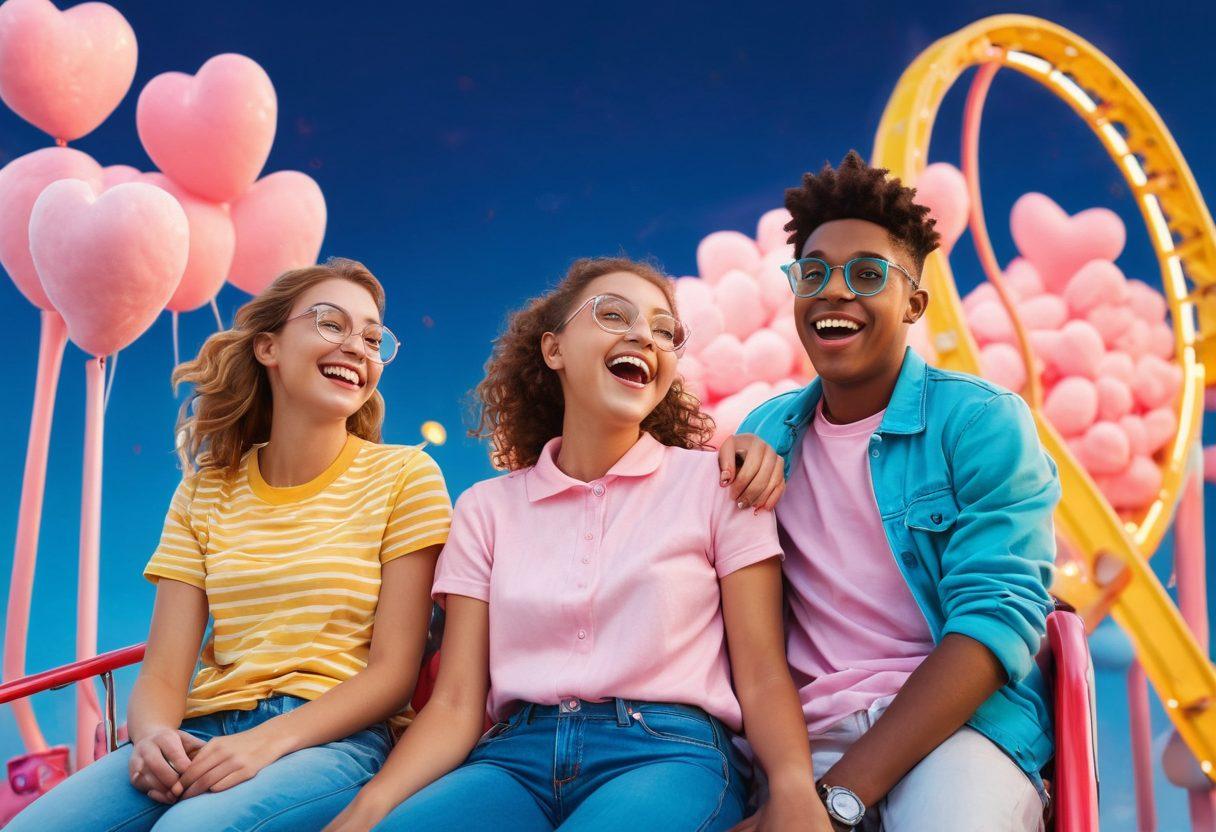 A whimsical scene of two teenagers sitting on a rollercoaster, surrounded by hearts and laughter, capturing the essence of teen love. The vibrant atmosphere features colorful cotton candy and bright amusement park lights in the background, symbolizing both joy and chaos. A touch of humor is expressed through playful elements like oversized glasses and goofy props. Include soft pastel colors for a romantic feel, with a dynamic sky above suggesting the ups and downs of relationships. super-realistic. vibrant colors. cartoon style.